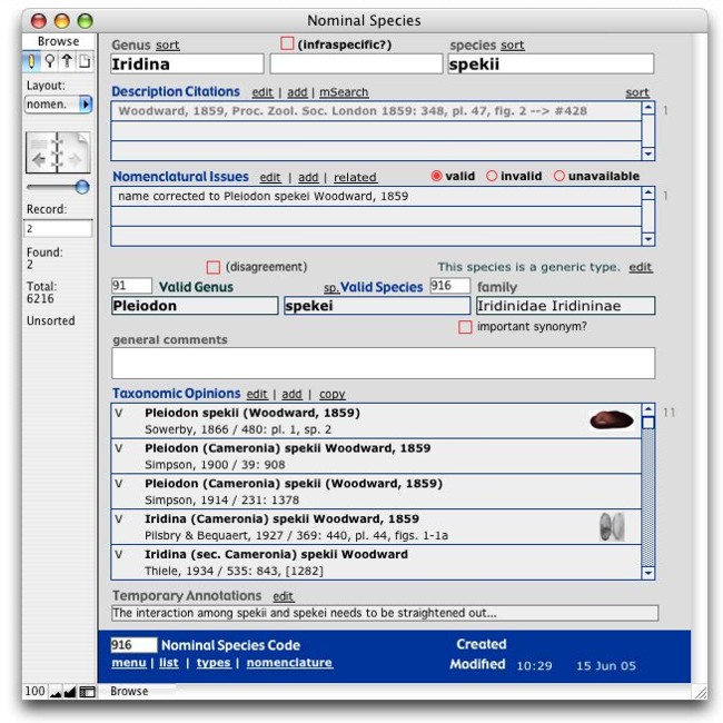 screen shot of the Nominal Species table